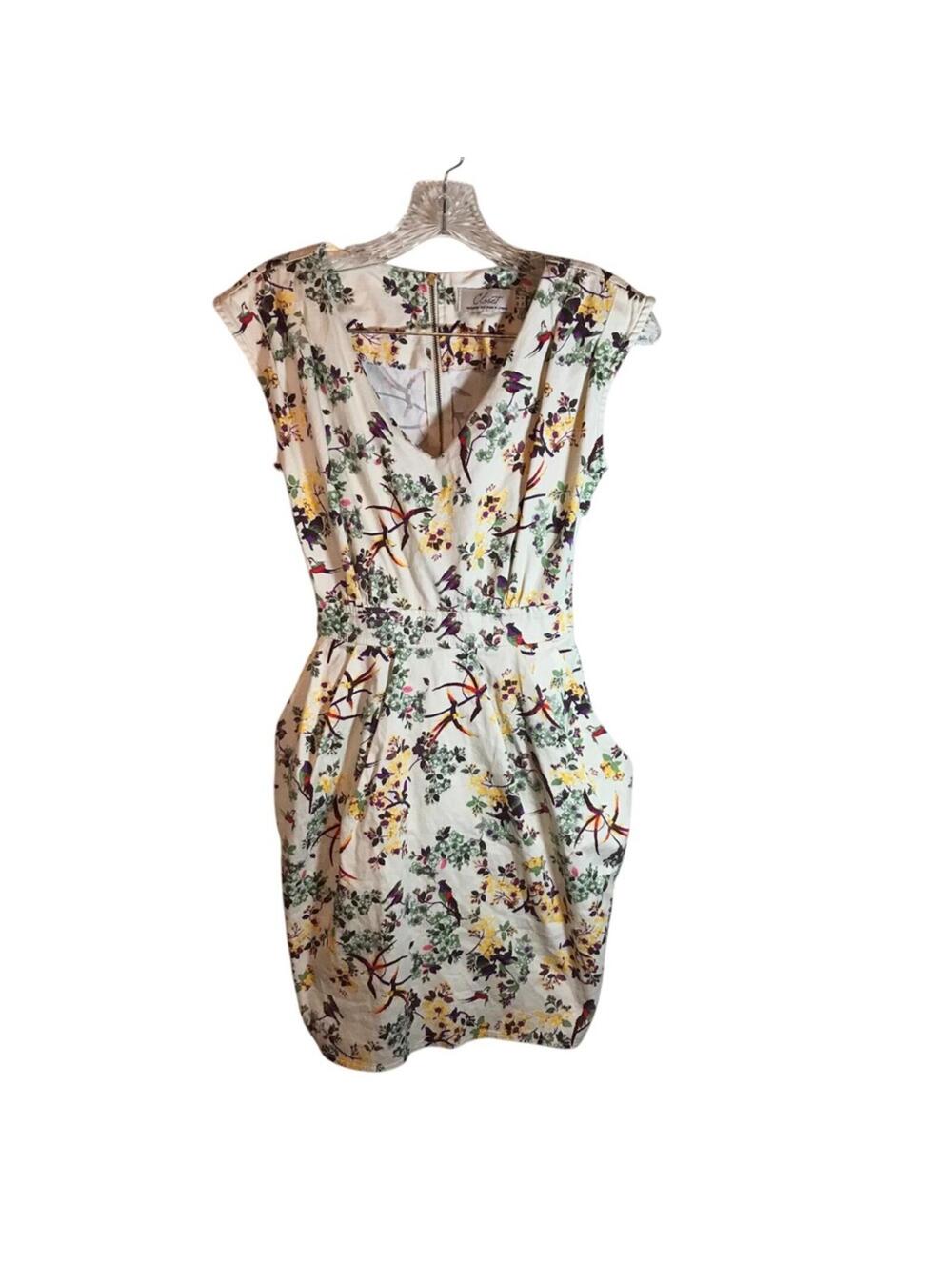 Closet London dress 4 bird print cream sleeveless knee length V-neck tie waist